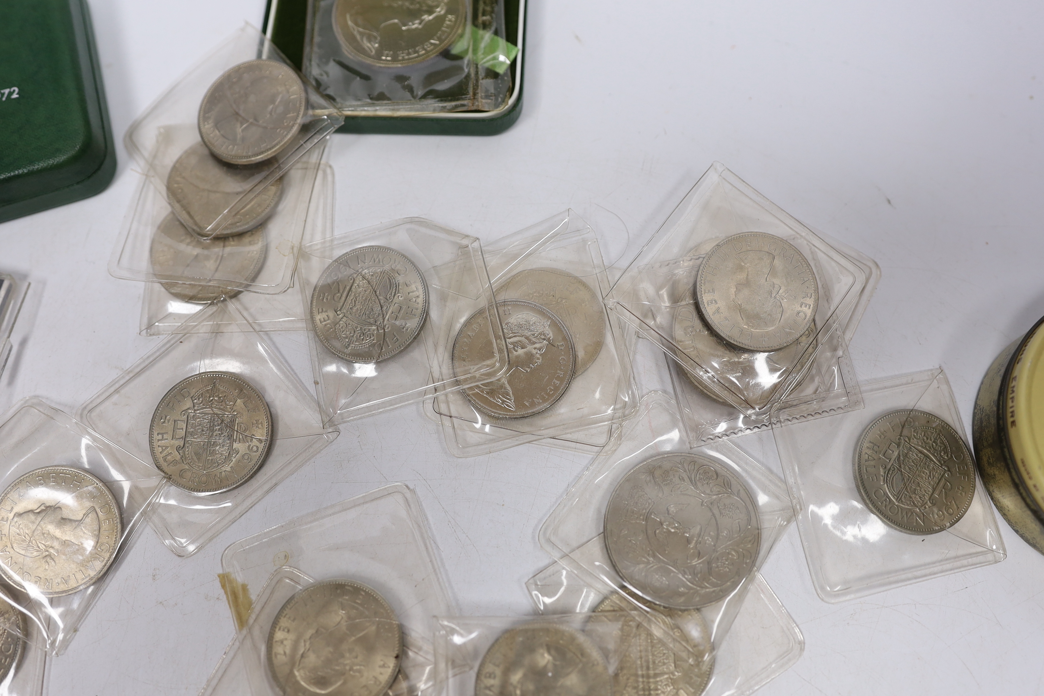 A group of assorted coins including half crowns, five shillings etc